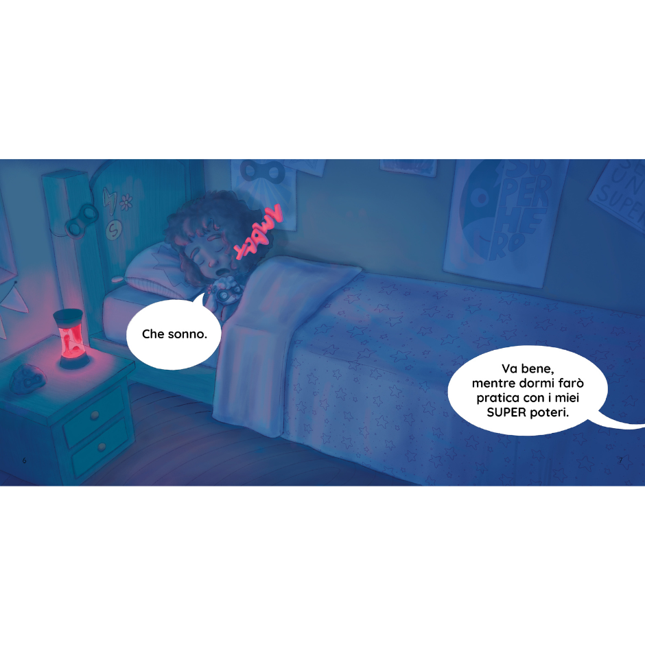 Child in bed with superhero cape, night light, and text bubbles in a bedroom setting.