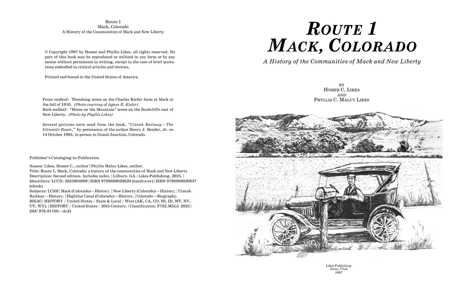 Book cover of 'Route 1 Mack, Colorado' with text and illustration of an old car.
