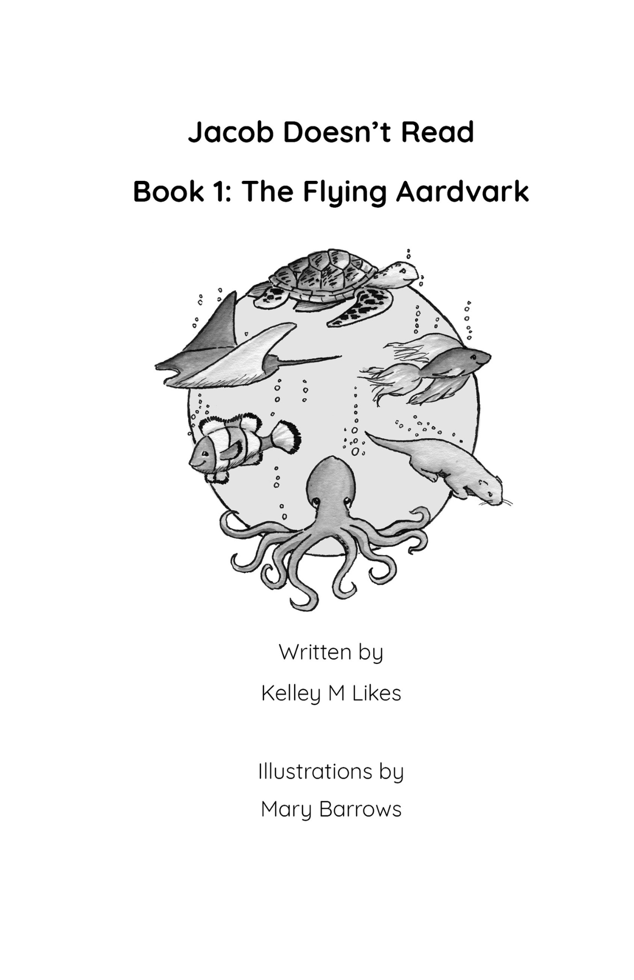 Black and white drawing with sea and water creatures