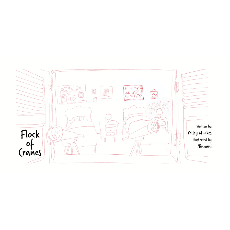 Title page interior sketch of bedroom with two spy glasses