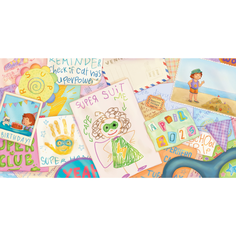 Collection of children's drawings and cards on a white background