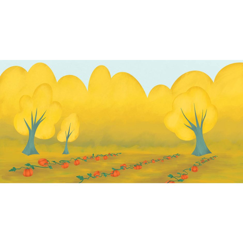 Cartoon landscape with yellow trees and pumpkin patch on a white background