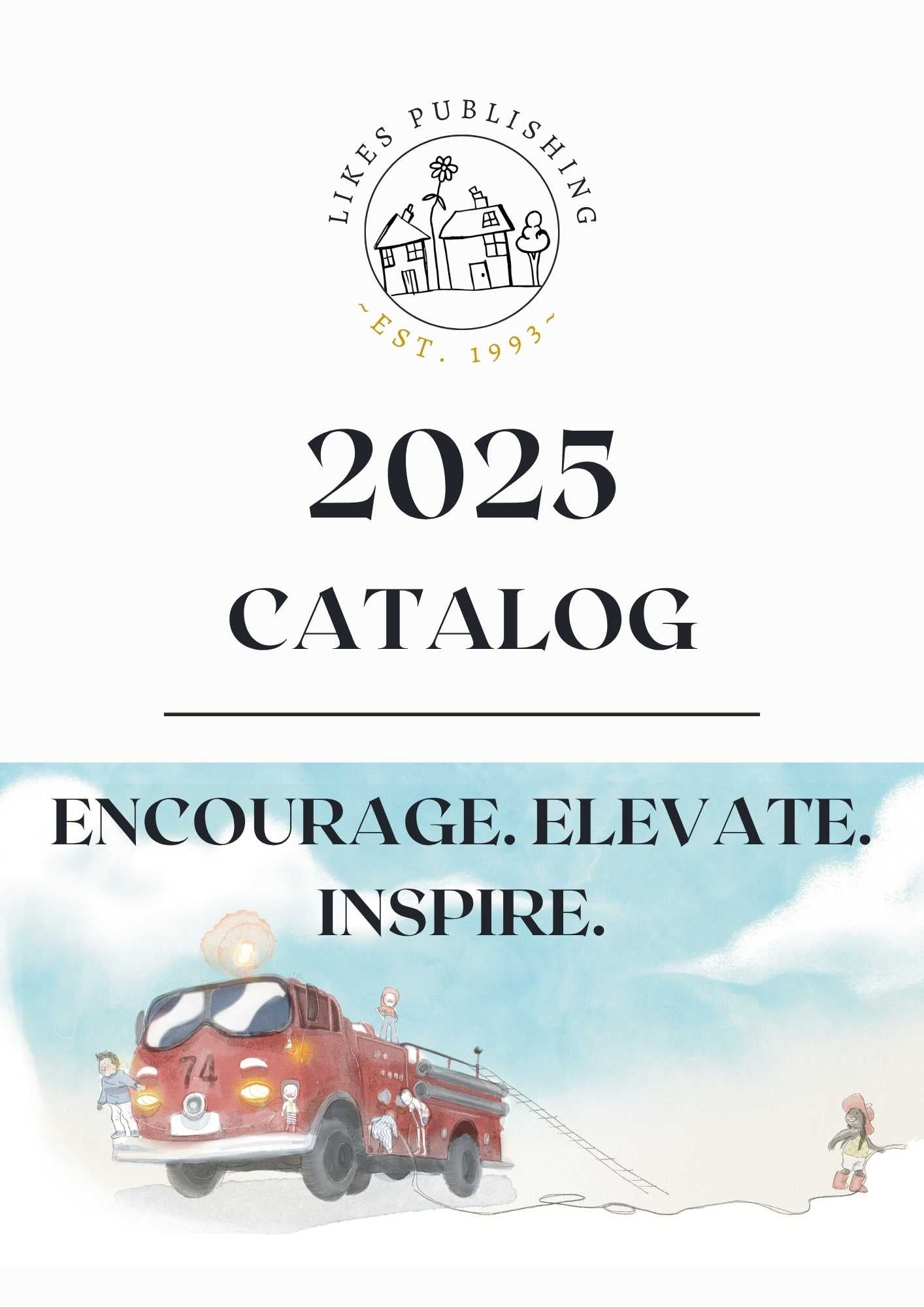 2025 catalog cover with a fire truck and children illustration, featuring the Likes Publishing logo.