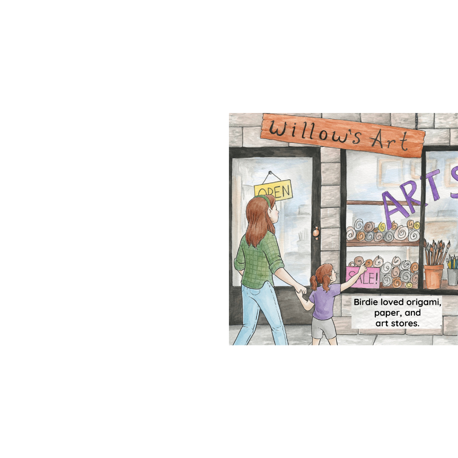 Woman and child standing outside of art store
