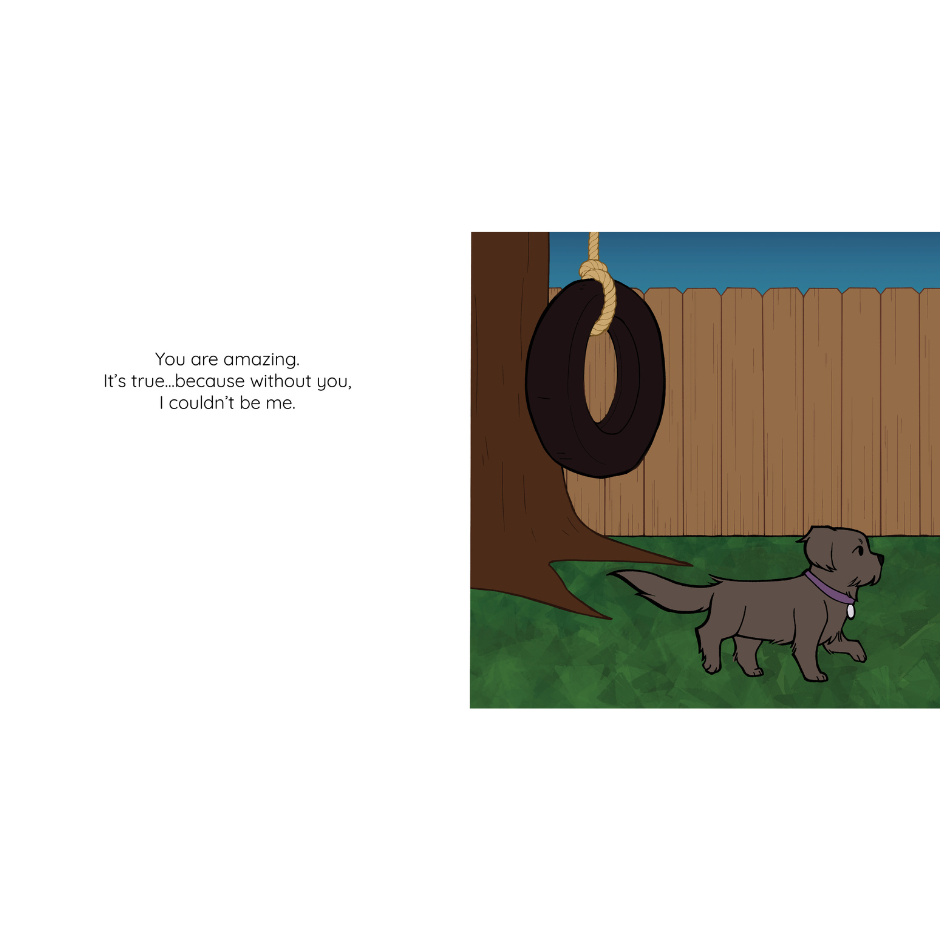 Small brown dog walking on green grass with a fence and a tire swing
