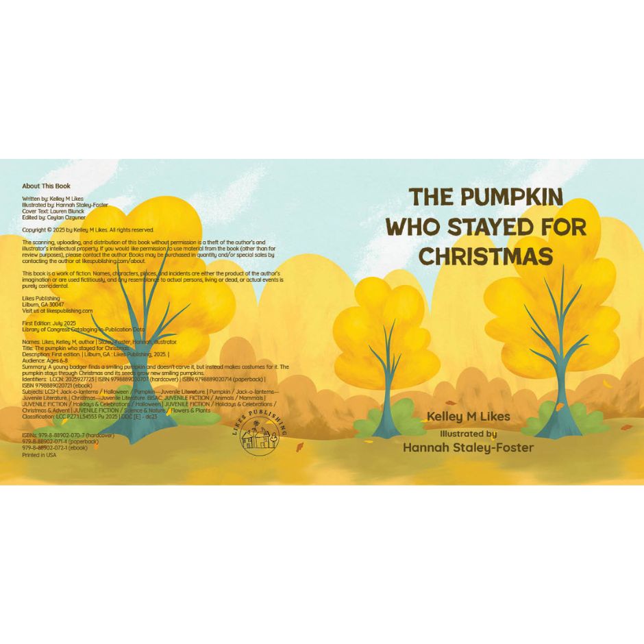 Book cover of 'The Pumpkin Who Stayed for Christmas' with trees and text.