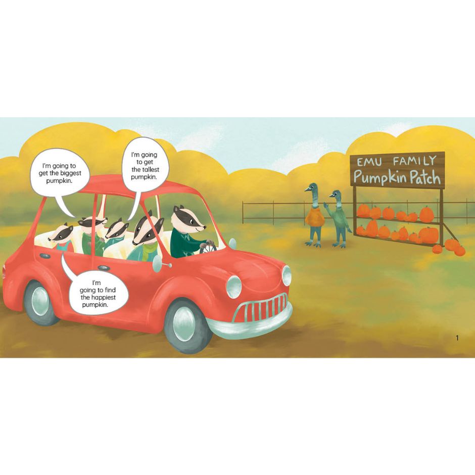 Illustration of a red car with emus in a pumpkin patch, featuring text bubbles and a sign for 'Emu Family Pumpkin Patch'.