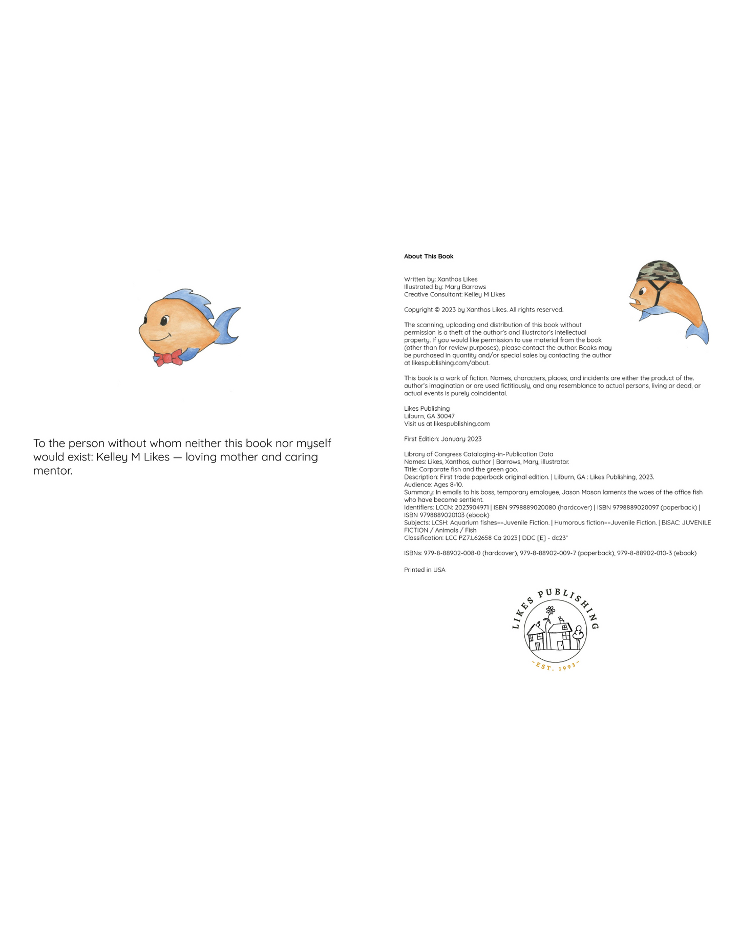 Orange fish with red bow tie and orange fish with army helmet
