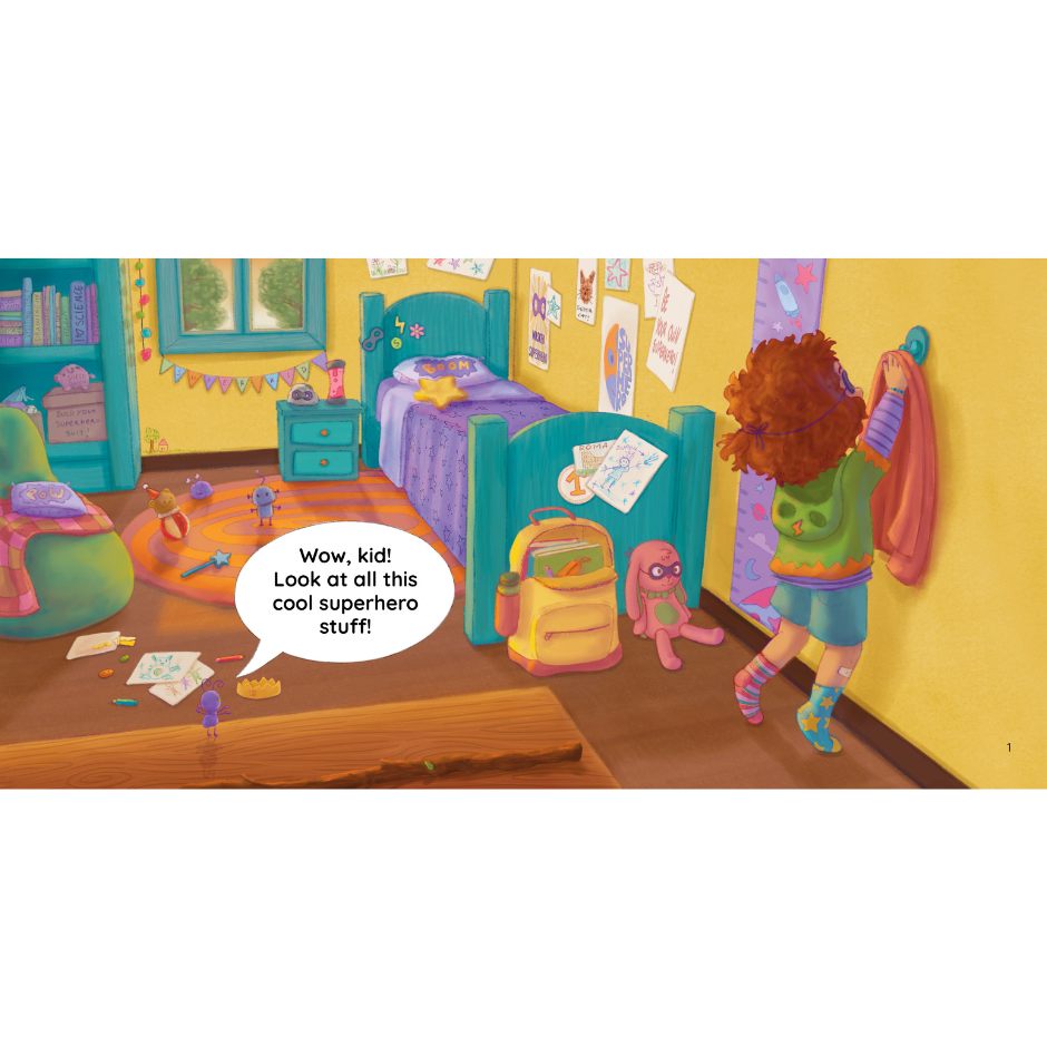 Colorful children's room with superhero-themed decor and a child interacting with the space.