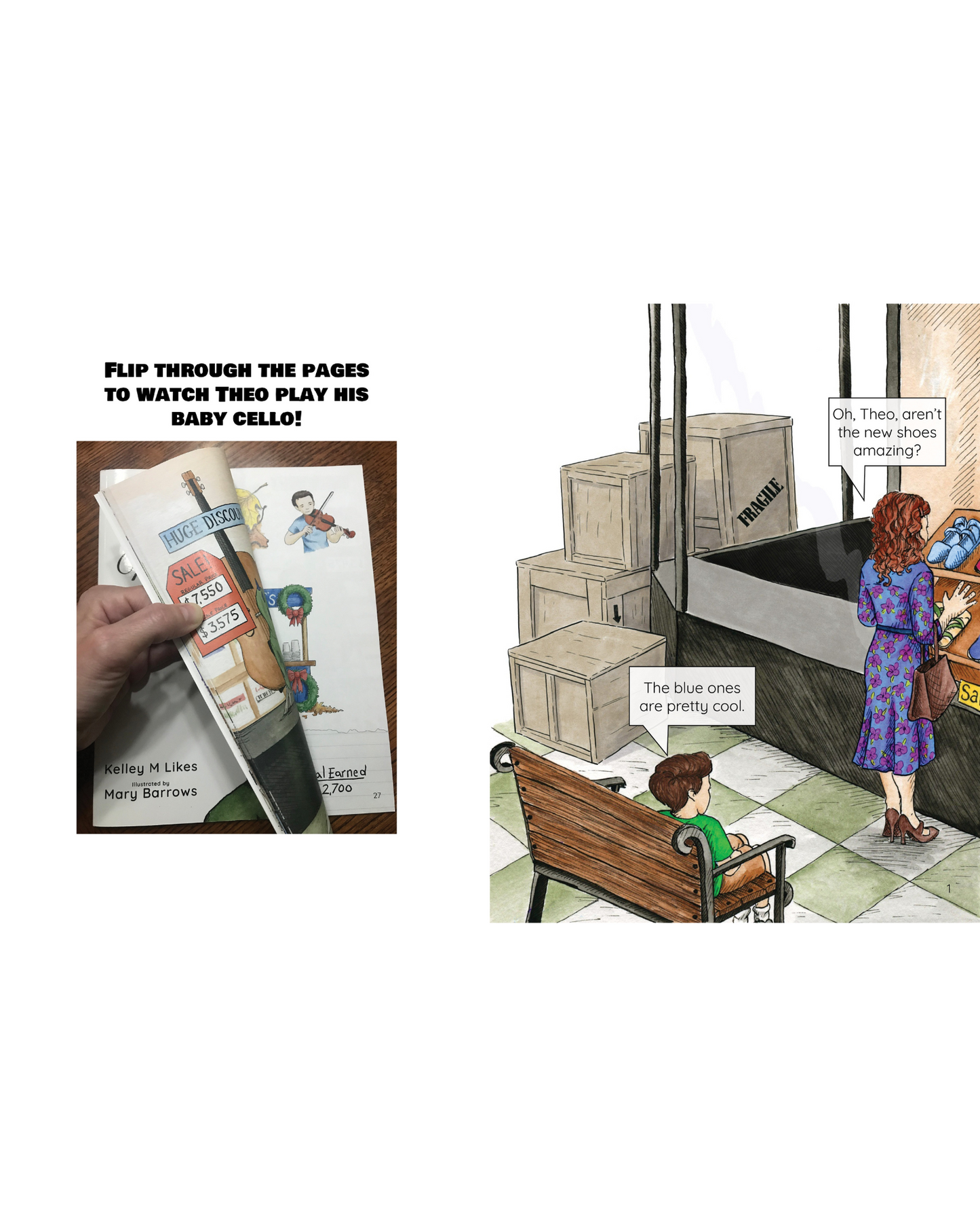 Image of a boy playing a violin. Shoe store and moving boxes