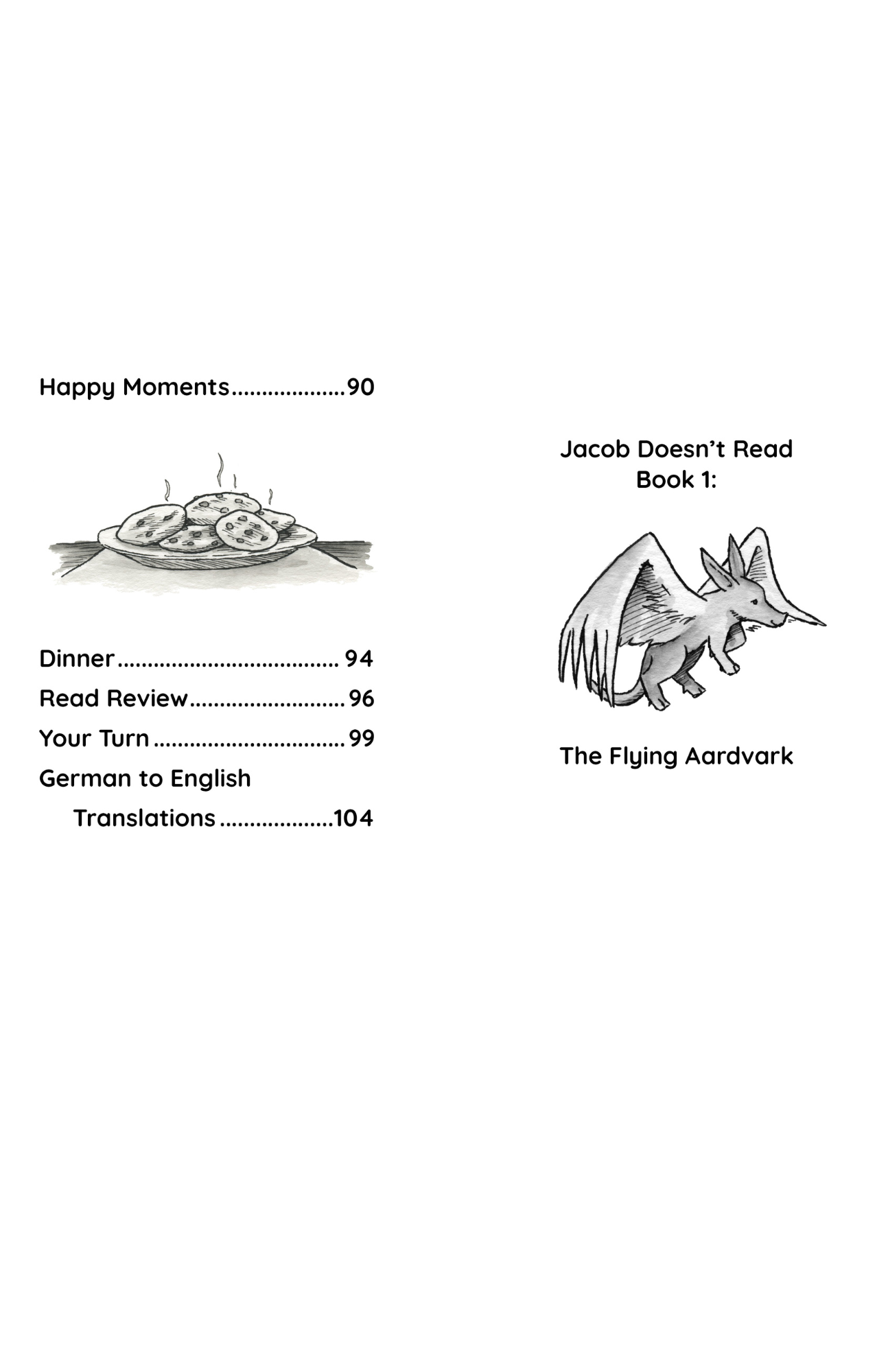 Table of contents and plate of cookies and aardvark with wings