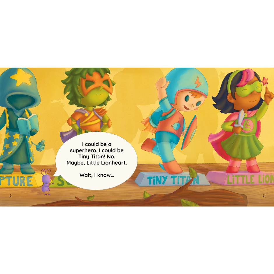 Illustrated scene with characters in superhero costumes on a yellow background