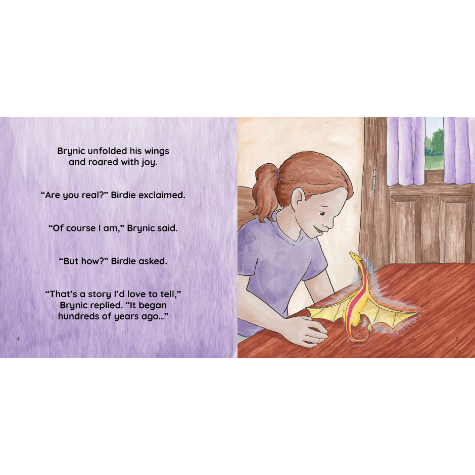 Girl with small yellow dragon on a table