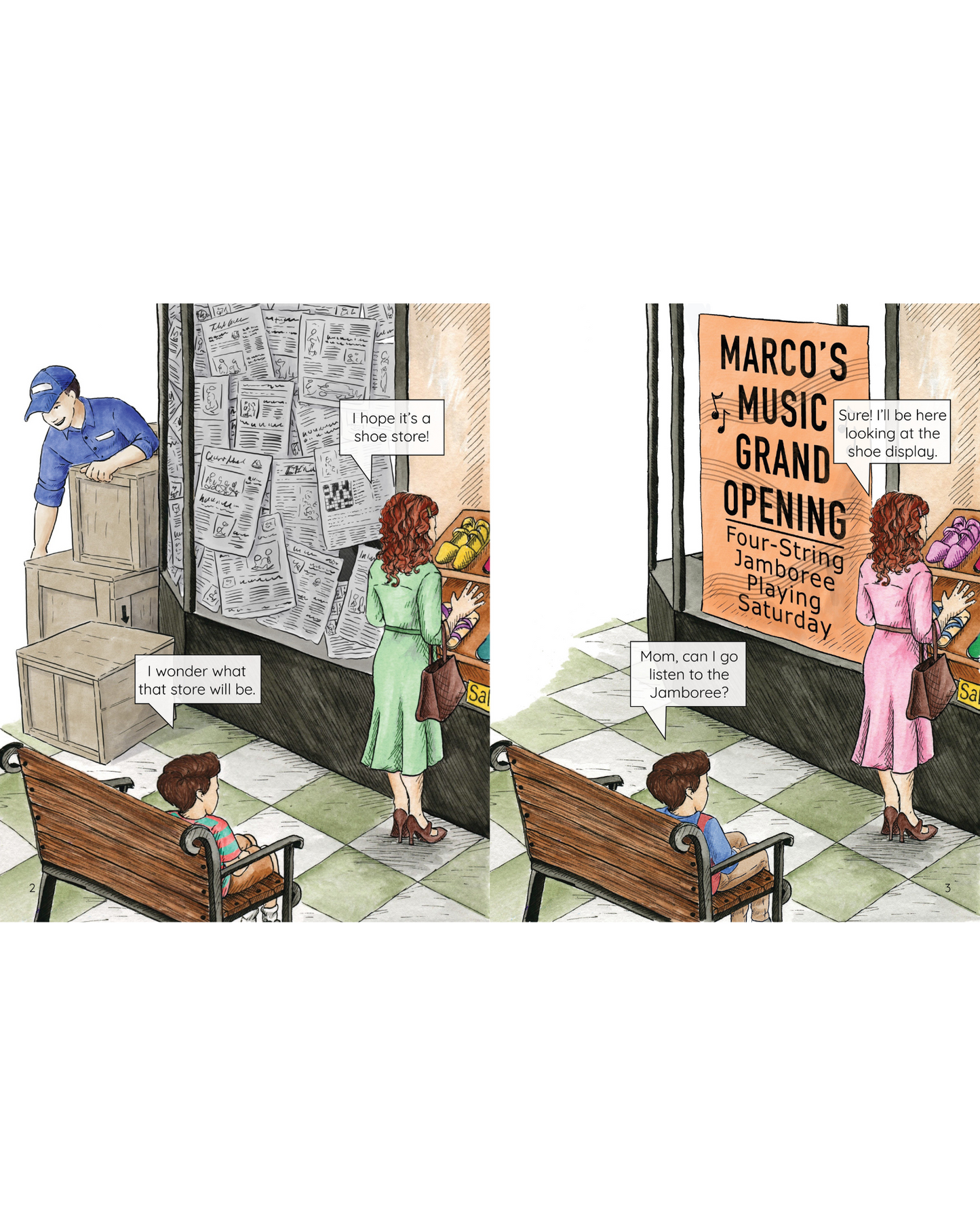 Store window with newspaper and moving boxes. Shoe store