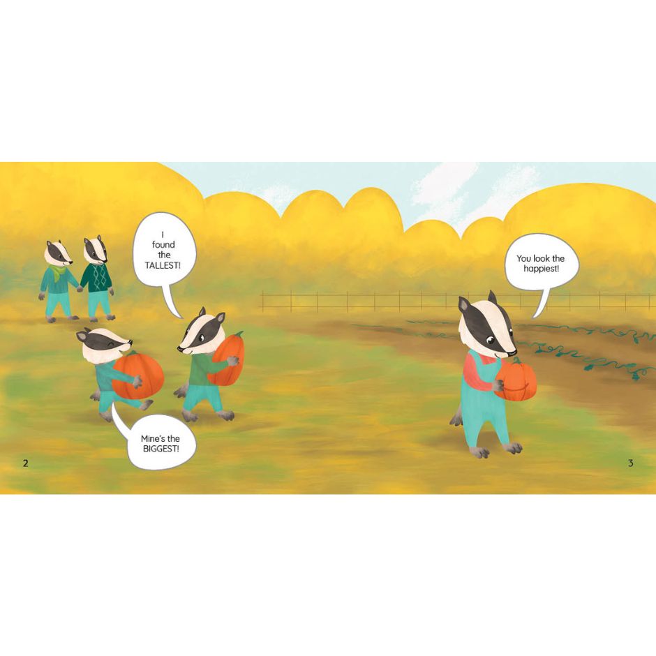 Illustration of badgers with pumpkins in a field, featuring speech bubbles.