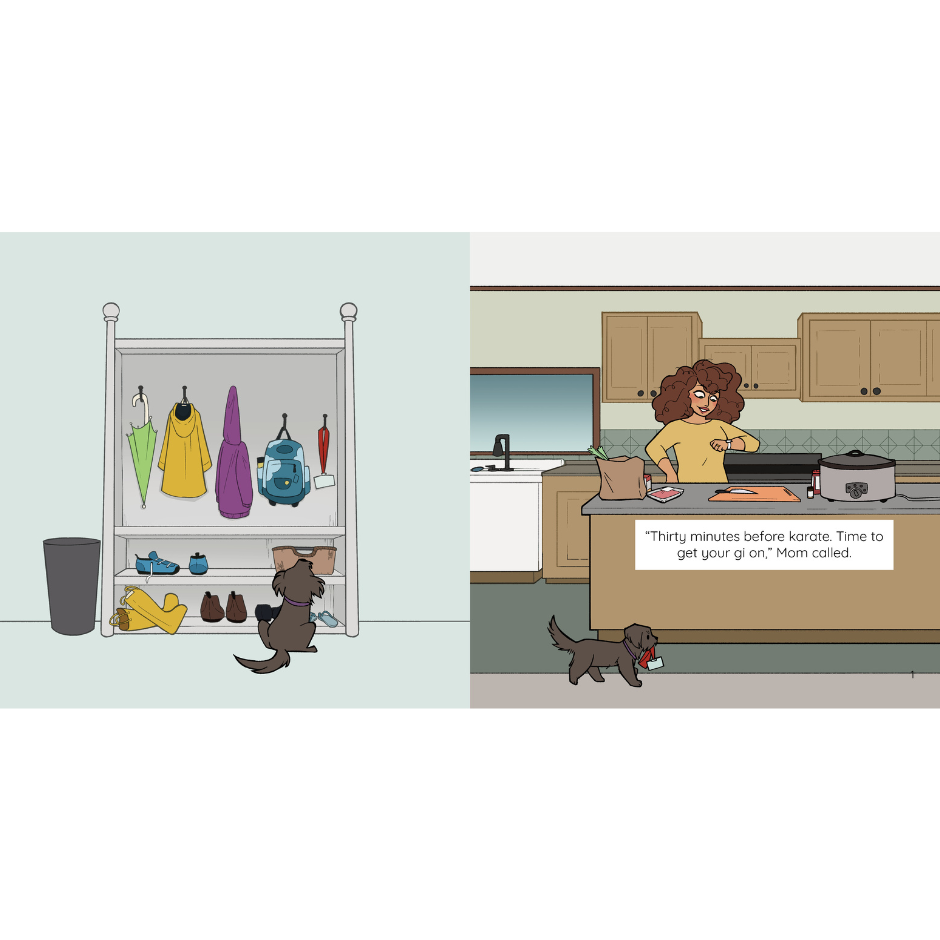 A small brown dog staring at a shelf of outdoor items. A woman looking at her watch making dinner as the dog walks by with something in its mouth