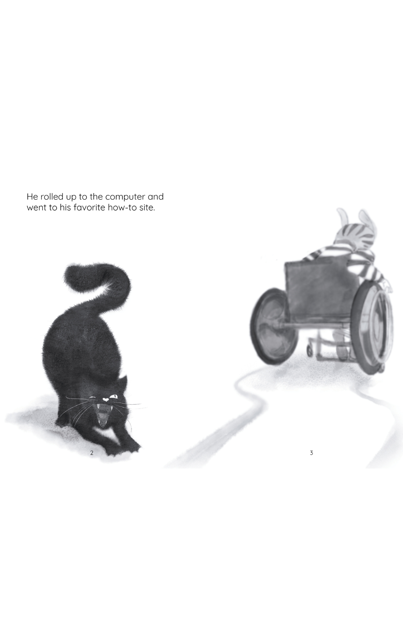 Boy in wheelchair and black cat stretching