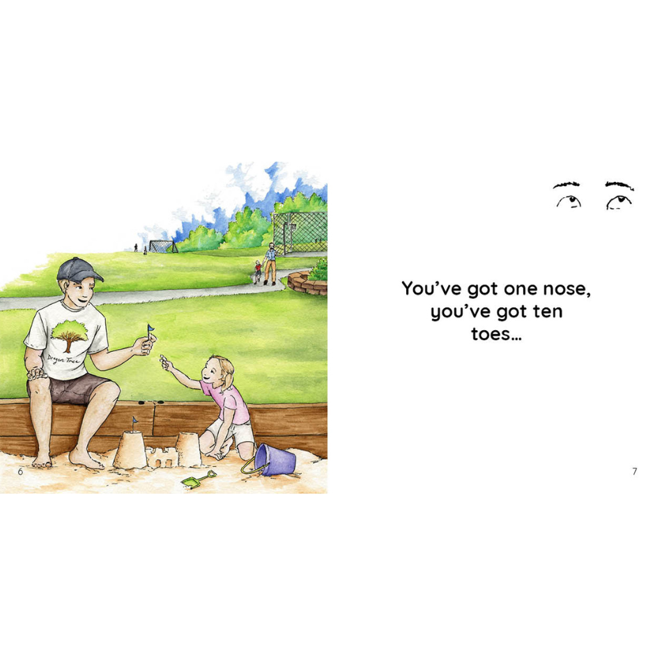 Man with dragon tree t-shirt handing child a flag as she plays in sandbox