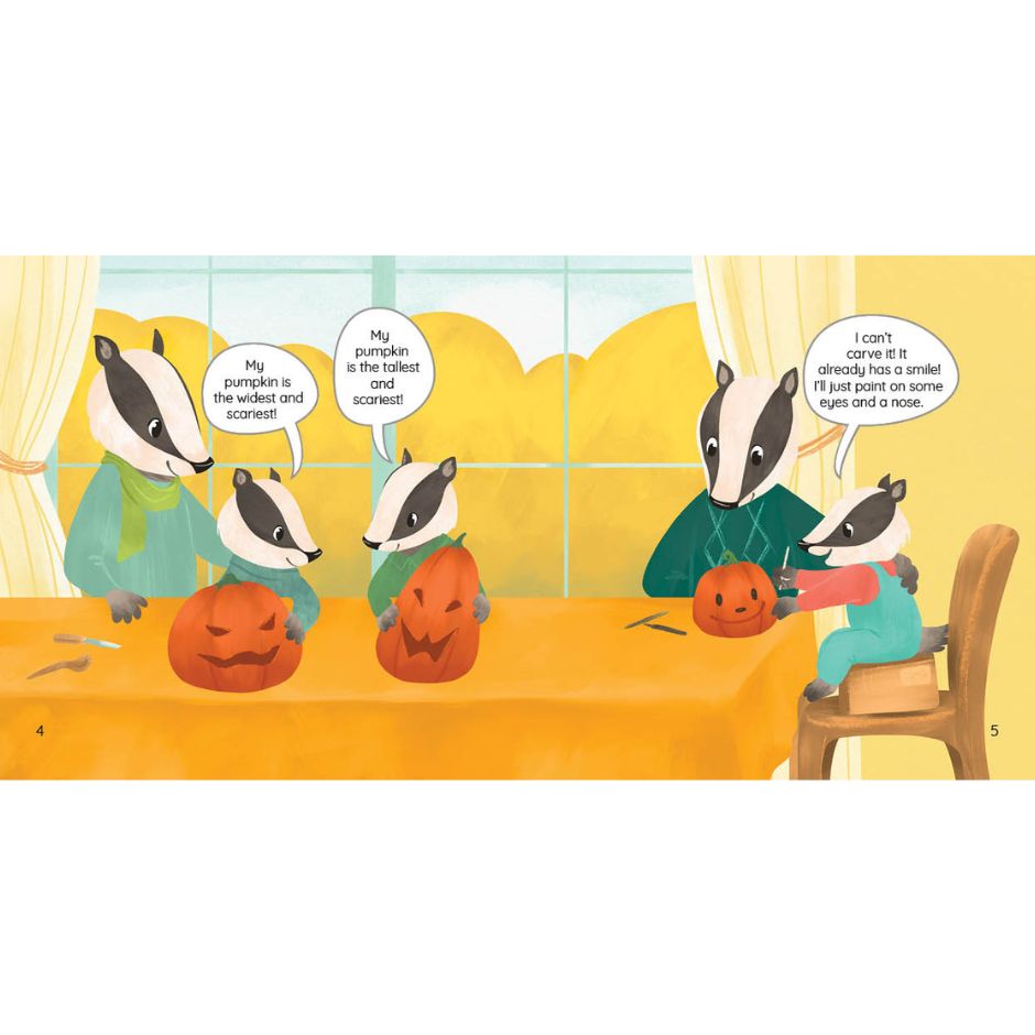 Illustration of badgers carving pumpkins with speech bubbles on a yellow background