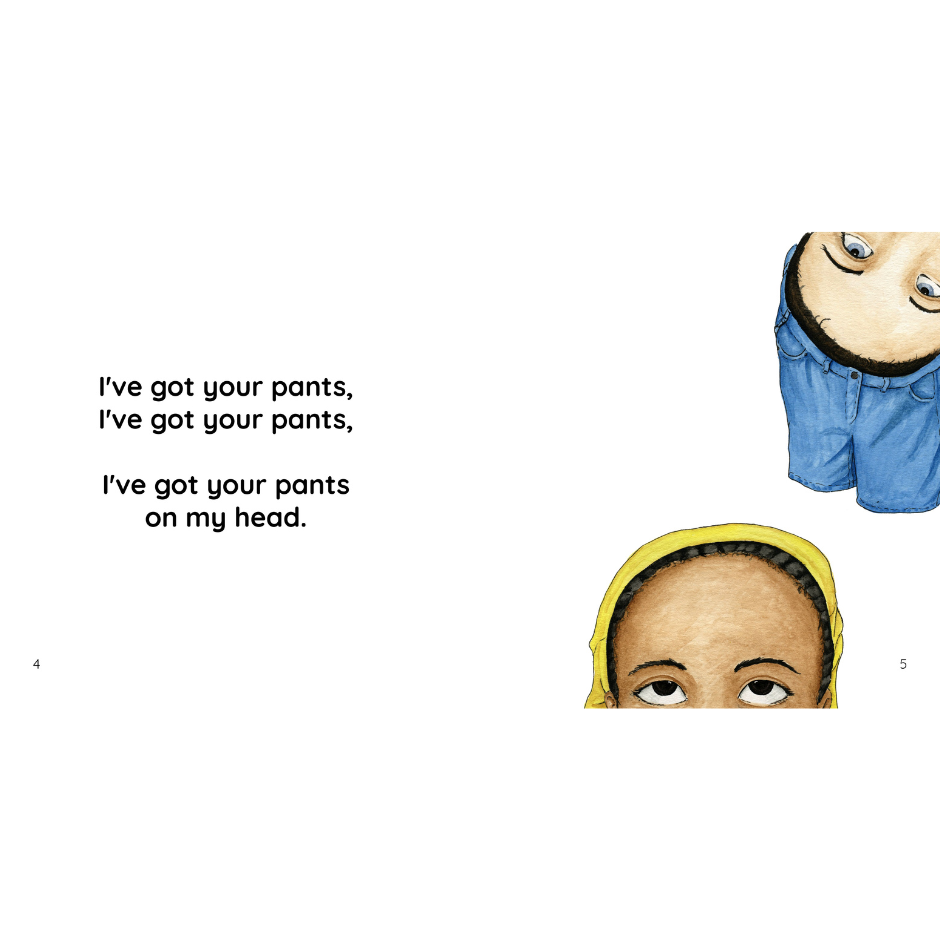 Two woman, one with yellow pants on her head, one with blue shorts