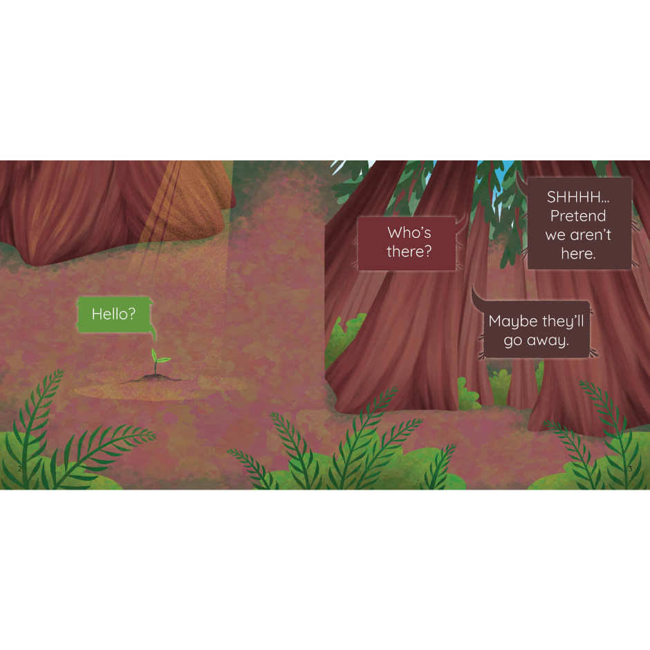 A sprout and redwoods with speech bubbles