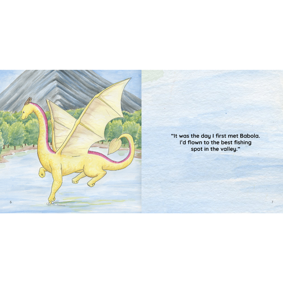 Large yellow and pink dragon with wings flying over water