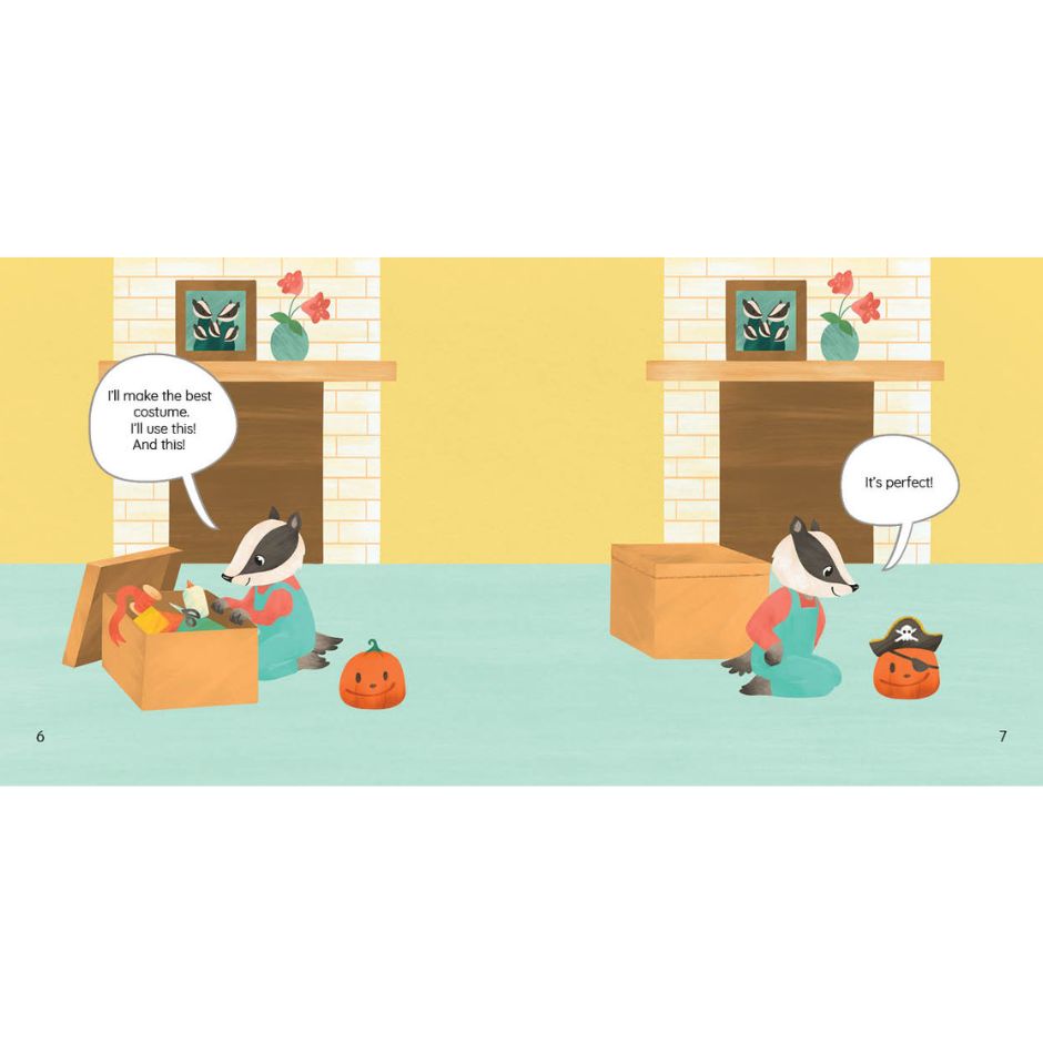 Illustration of two badgers in a room with Halloween decorations and speech bubbles. A pumpkin is dressed up like a pirate.