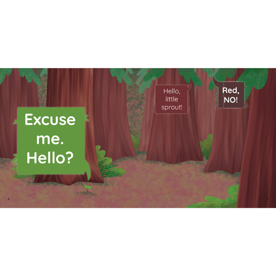 Large speech bubbles and a sprout and redwoods