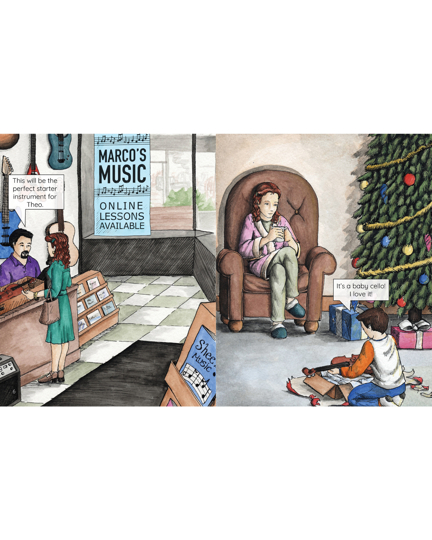 Music store with man and woman buying violin. Child opening violin present.