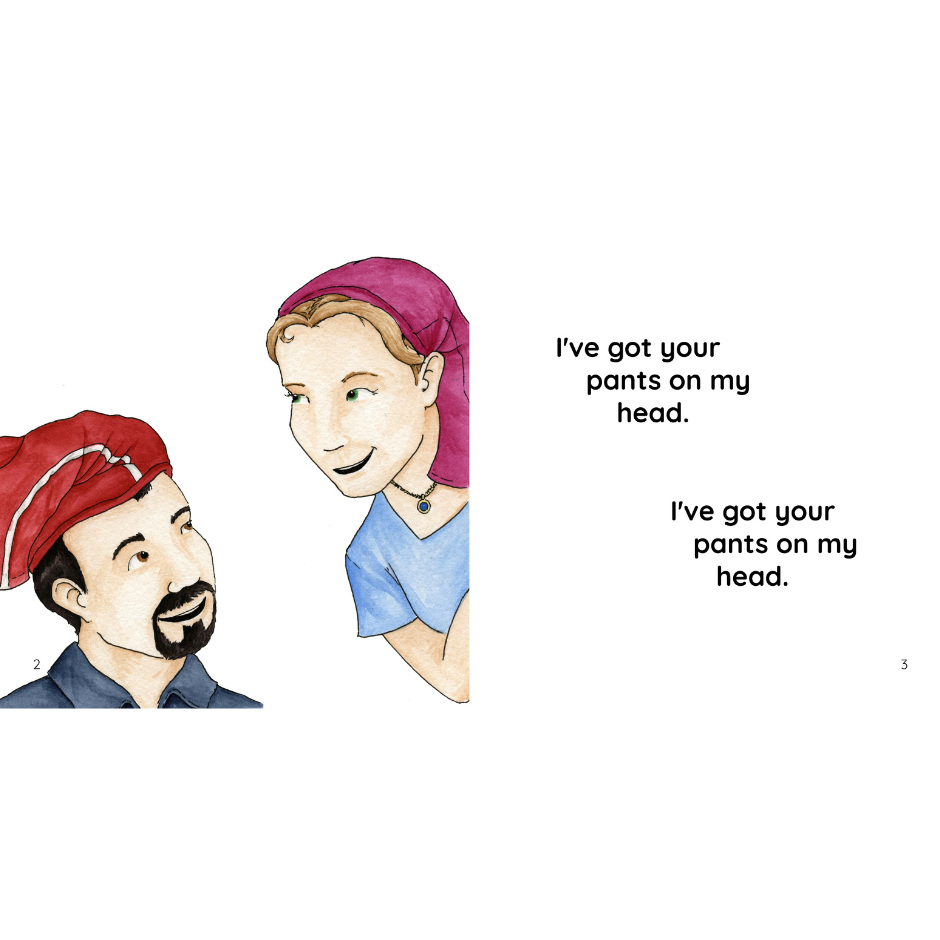 Man with red pangs on his head, woman with pink pants on her head