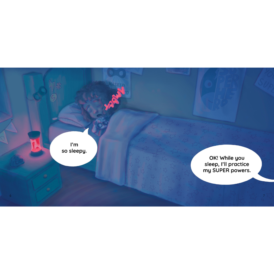 Child in bed with night light, text bubbles indicating conversation.