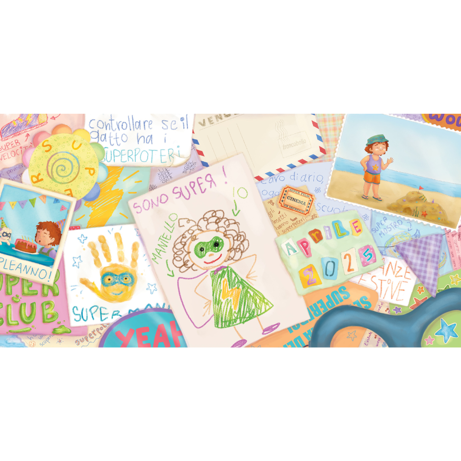 Colorful collage of children's drawings and illustrations on a white background