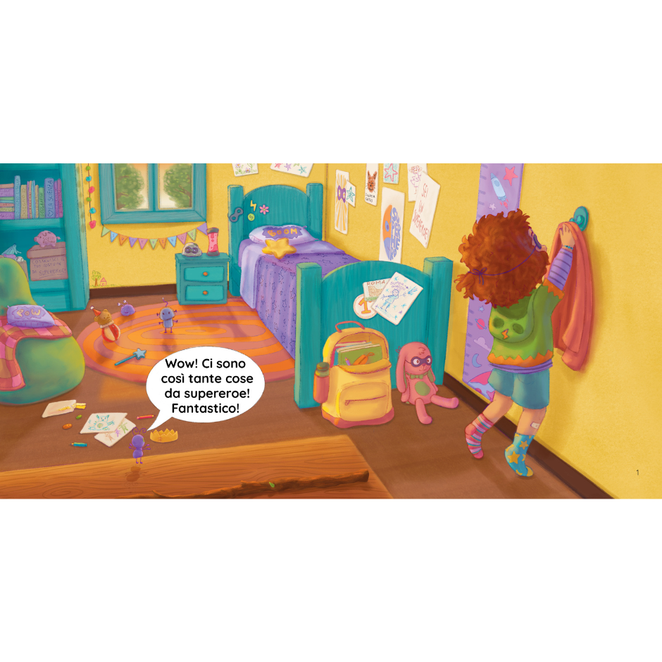 Illustration of a child in a superhero-themed bedroom with colorful furniture and decorations.