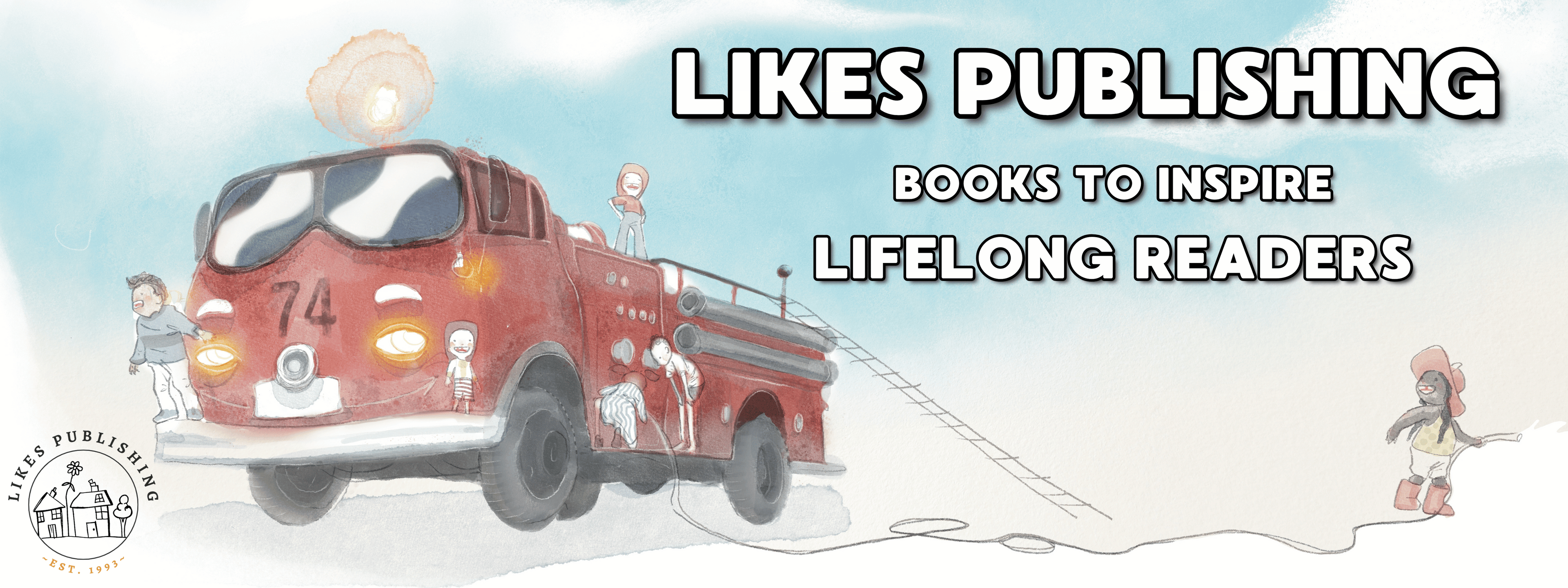 Illustration of a fire truck with children around, promoting books to inspire lifelong readers.