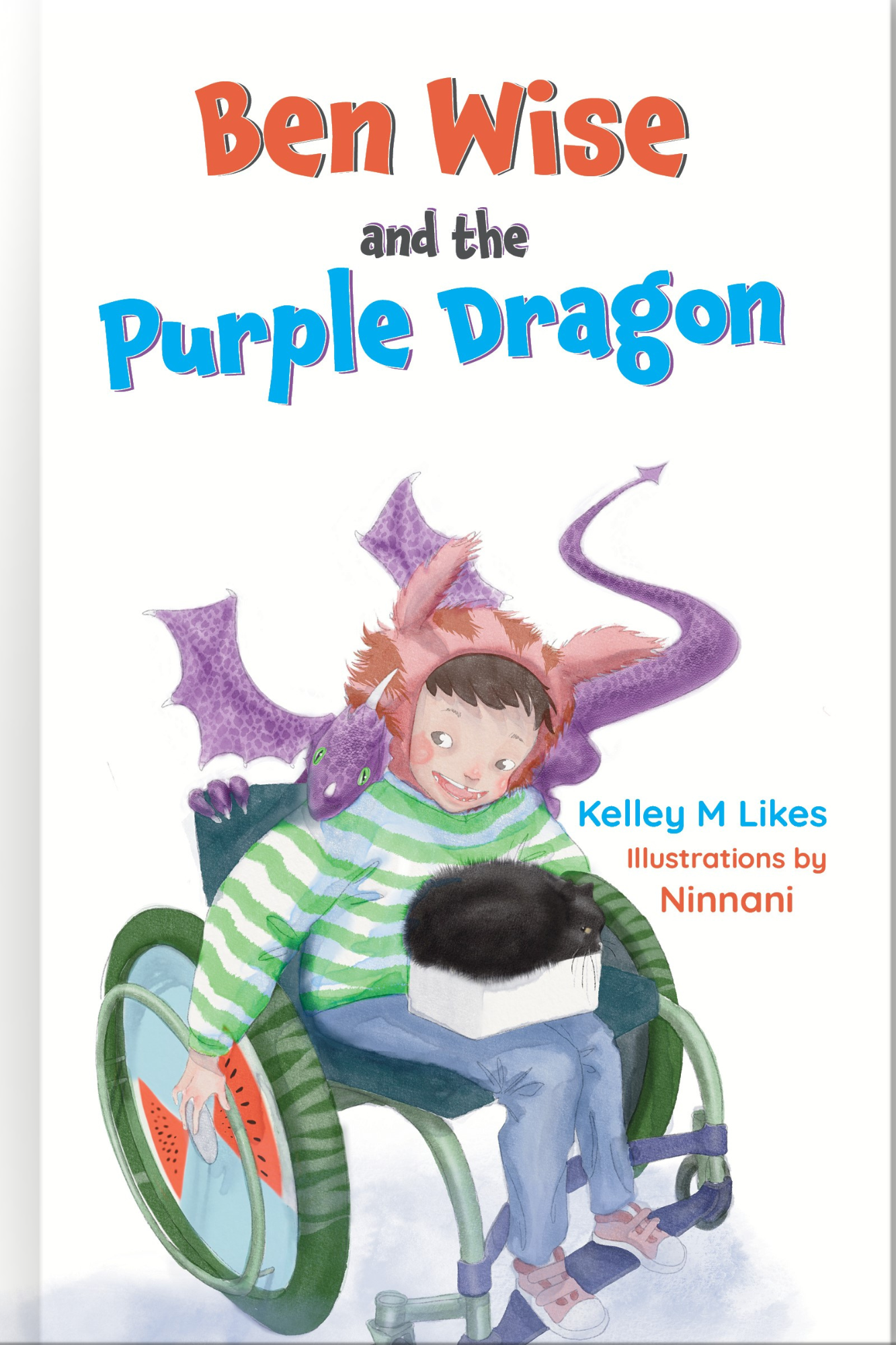 A book cover featuring a cartoon of a boy in a Colours in Motion wheelchair with a purple dragon beside him, titled 'Ben Wise and the Purple Dragon' by Kelley M Likes with illustrations by Ninanni