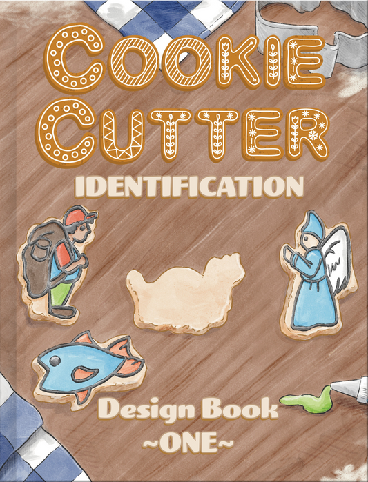 Book cover of 'Cookie Cutter Identification Design Book One' with cookie cutters on a wooden surface.