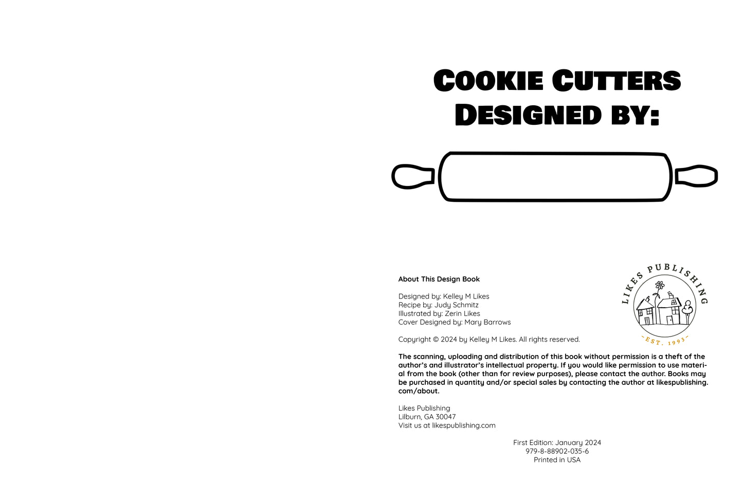 First page of a book titled 'Cookie Cutters Designed By' with a rolling pin illustration and publisher's logo.