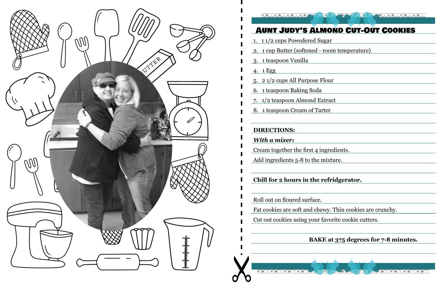 Recipe card for Aunt Judy's Almond Cut-Out Cookies with a photo of a couple hugging.