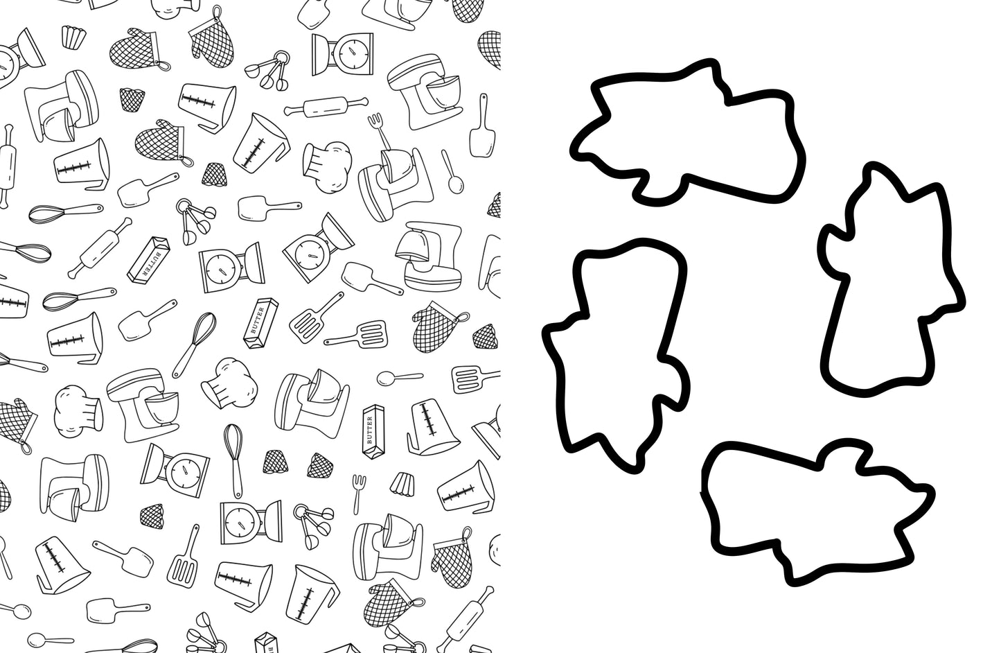 Black and white pattern of kitchen utensils on a white background with four large black shapes.