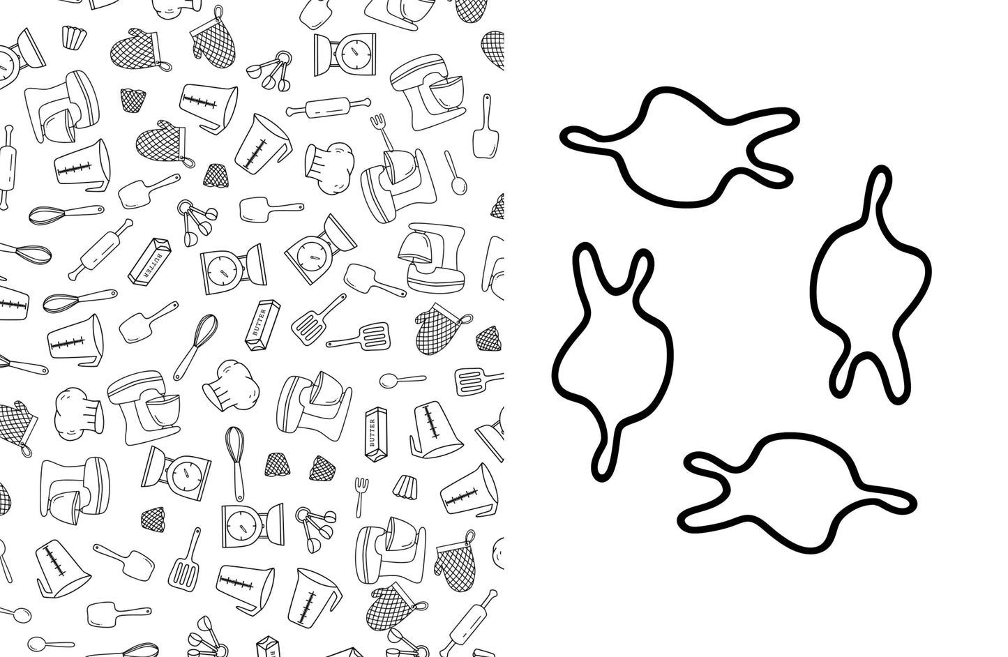 Pattern of kitchen utensils on one side and abstract shapes on the other, with a white background.