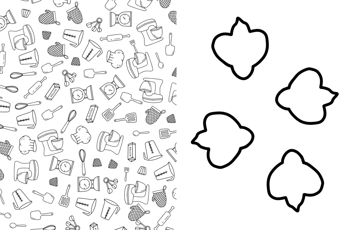 Pattern of kitchen utensils on one side and odd shaped cookie cutters on the other, with a white background.