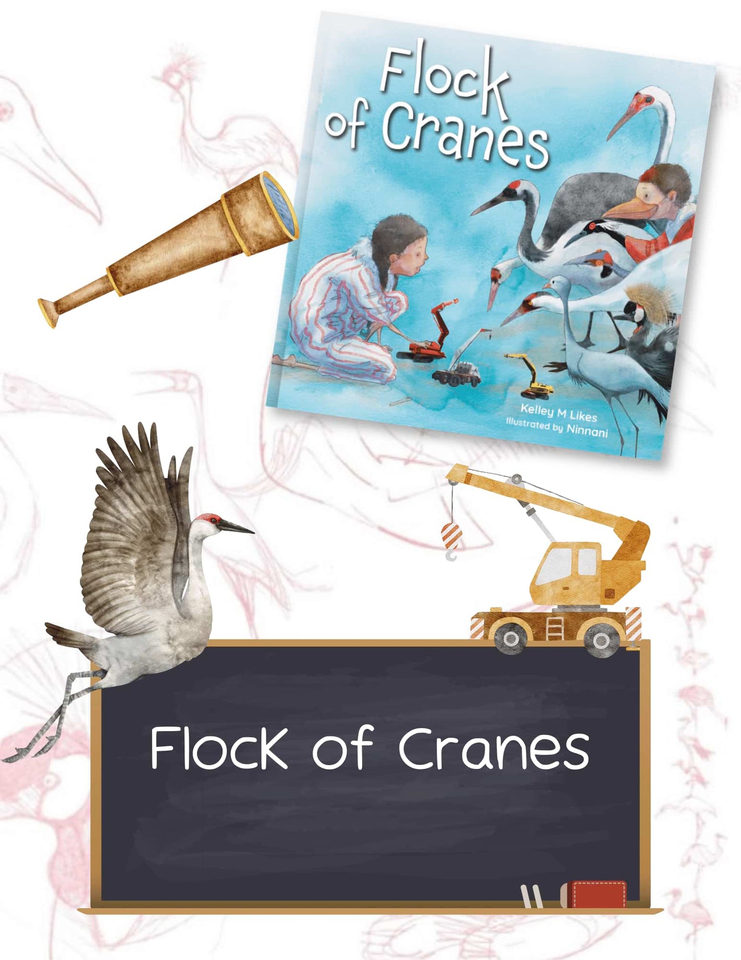 Children's book titled 'Flock of Cranes' with illustrations of cranes and a child, surrounded by crane-related items.