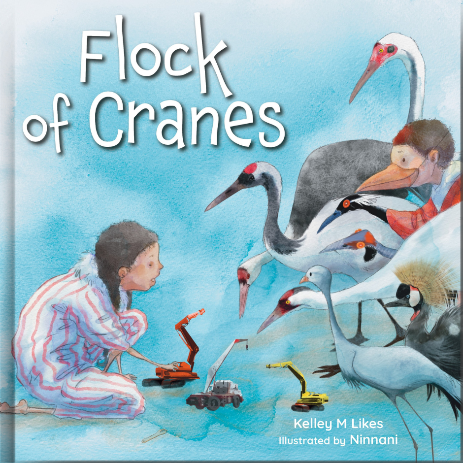 A cover image of a children's book titled 'Flock of Cranes', featuring an illustration of a young girl with a toy crane, and several real cranes and a boy in a crane costume in the background.