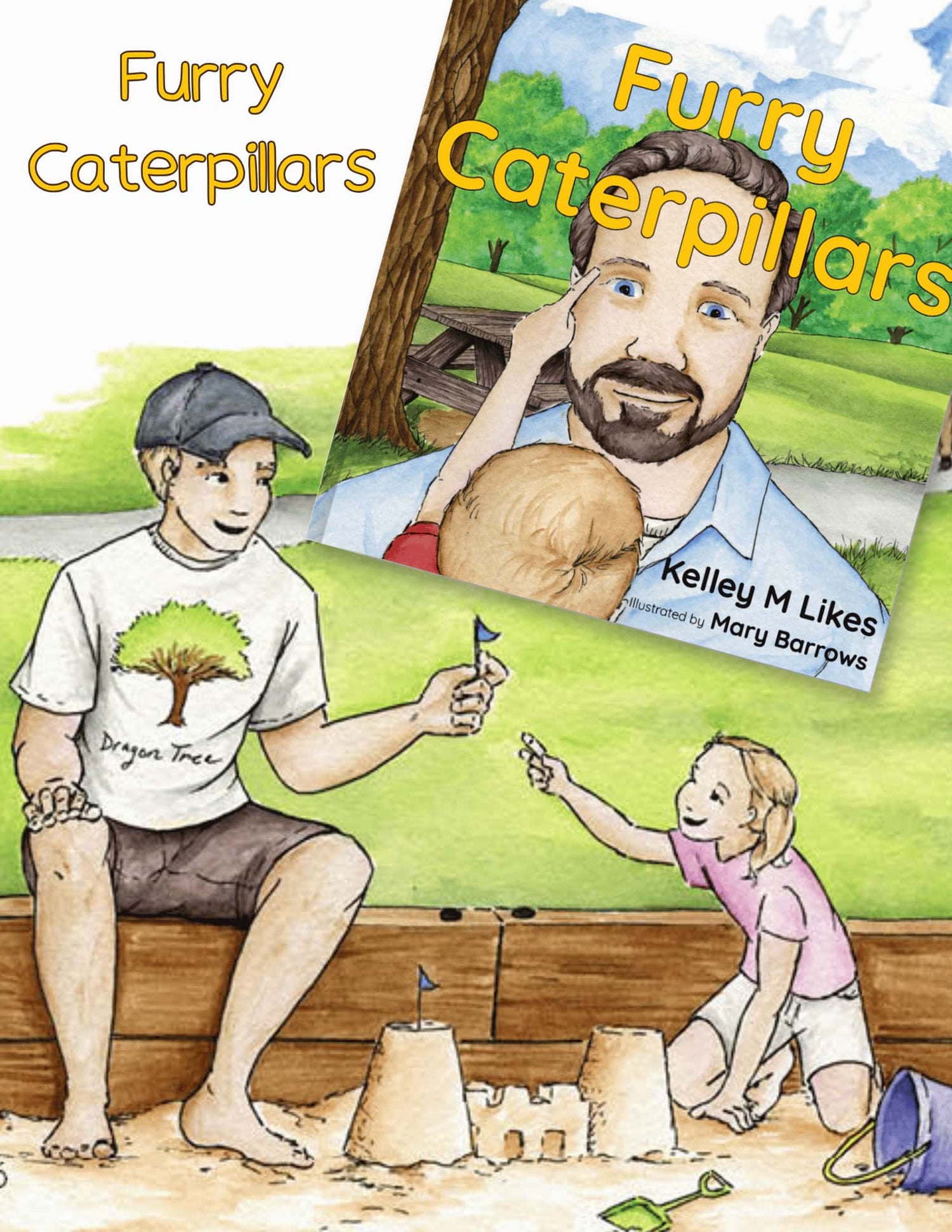 Book cover of 'Furry Caterpillars' with illustrations of a man, child, and baby at a park.