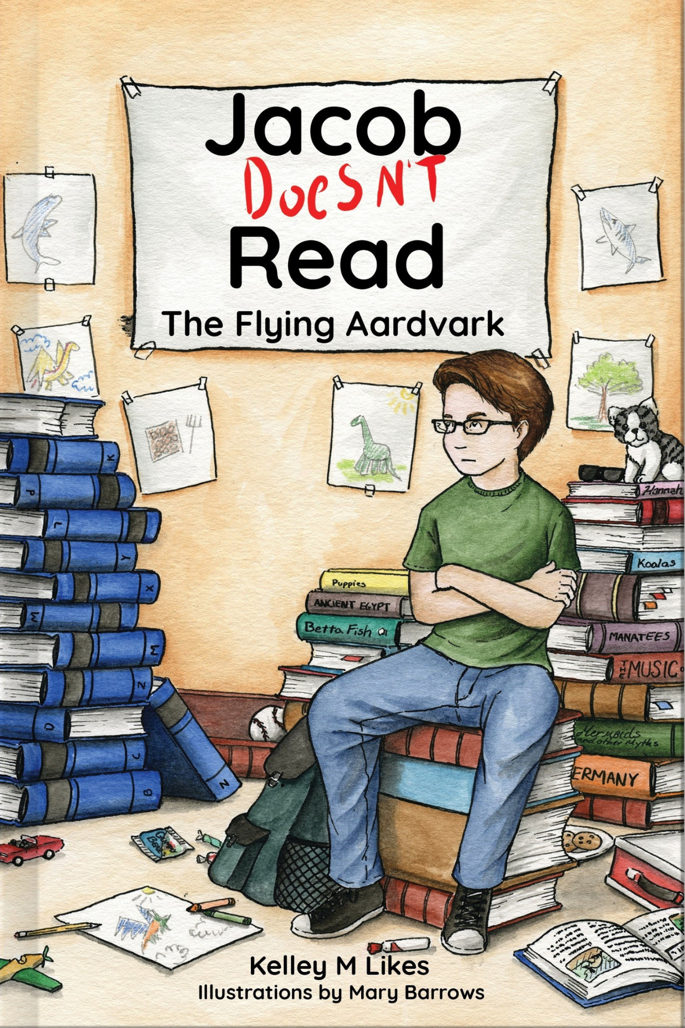 Book cover of 'Jacob Doesn't Read The Flying Aardvark' with a boy sitting on books surrounded by stacks of books and drawings.