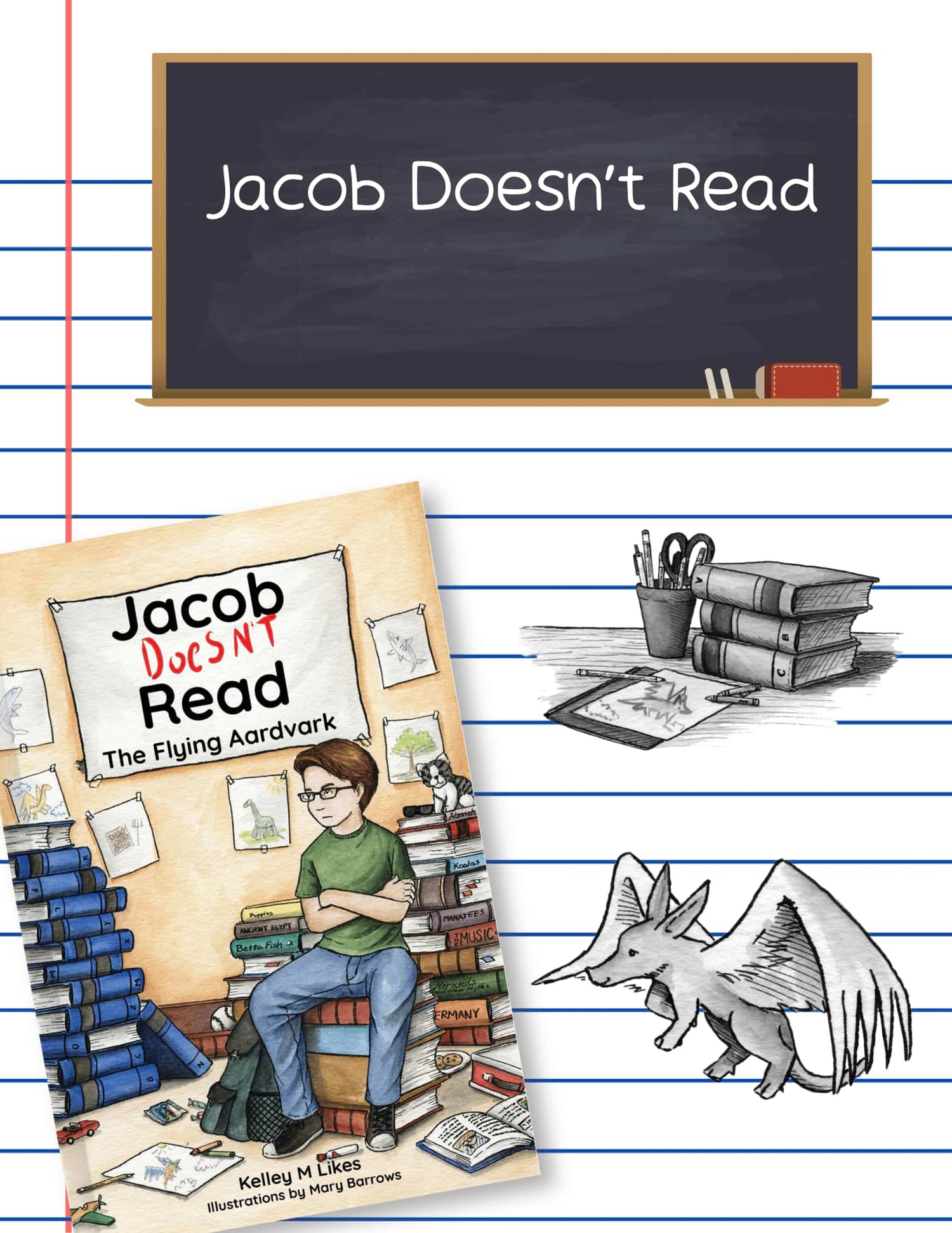 Book cover of 'Jacob Doesn't Read' with a character illustration and flying animal on lined paper background.