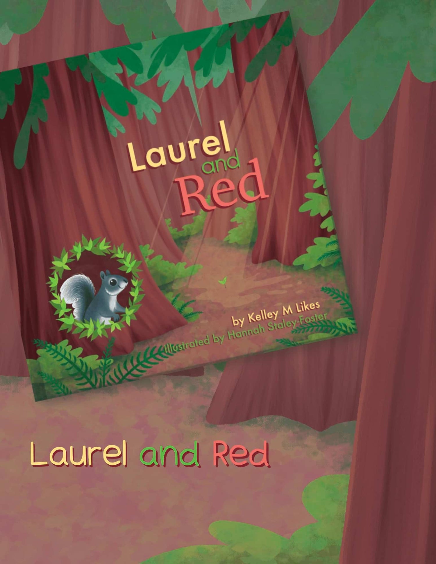 Book cover of 'Laurel and Red' with a stage design and squirrel illustration.