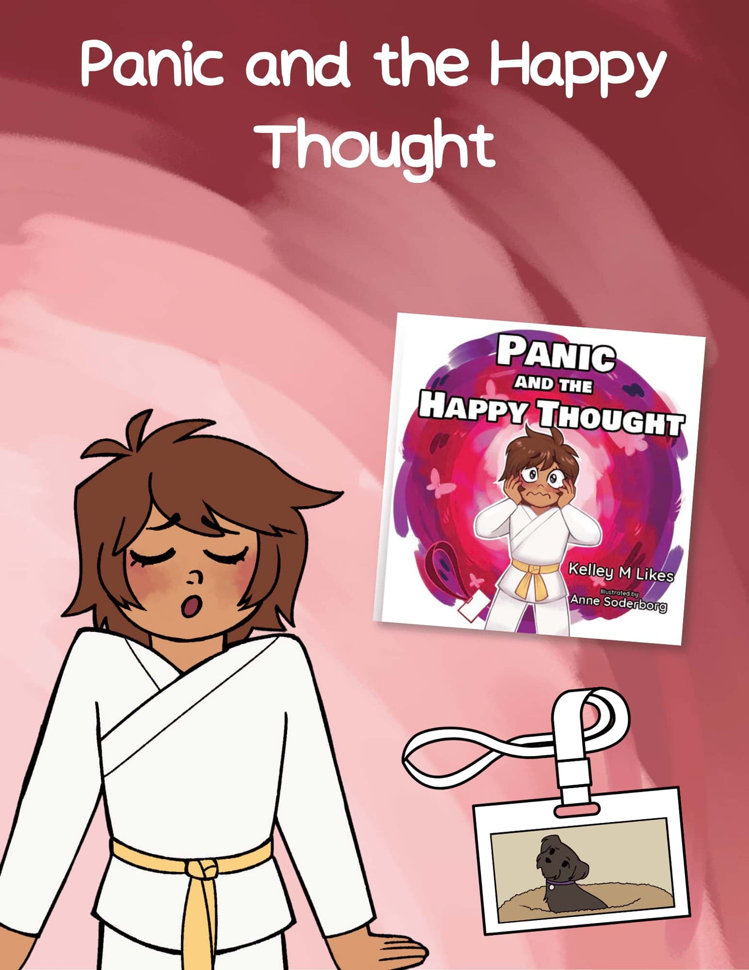 Illustration of a character in a martial arts uniform with a book titled 'Panic and the Happy Thought' on a pink background.