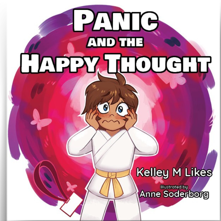 A book cover for 'Panic and the Happy Thought' featuring an illustration of a child character with a, in a martial arts pose, with a colorful abstract background.