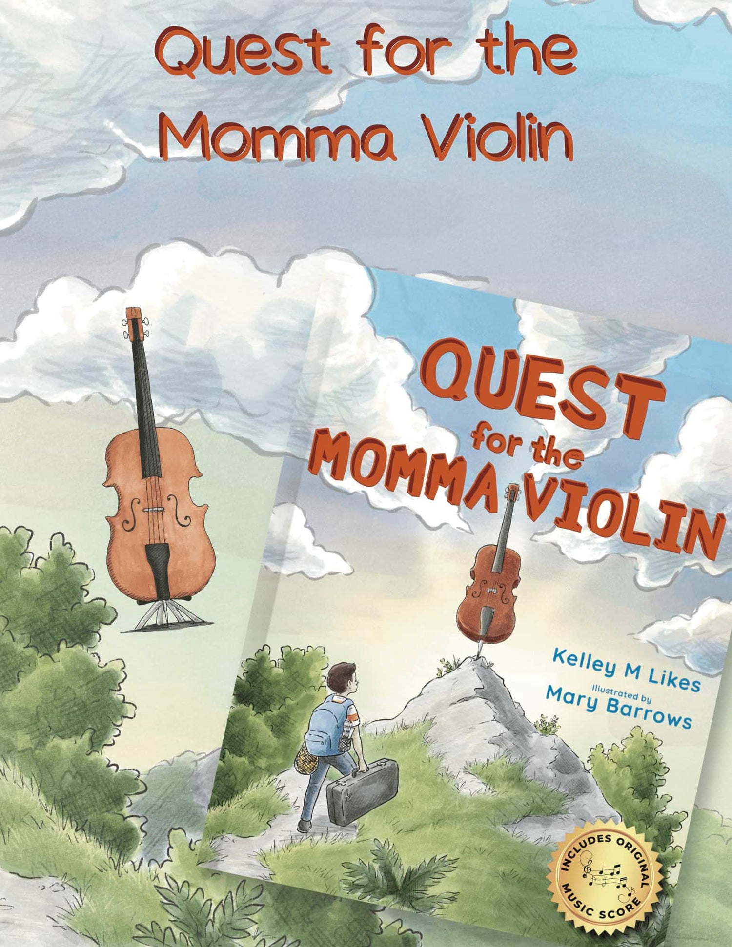 Book cover of 'Quest for the Momma Violin' with a child walking on a path towards a mountain, holding a violin case.
